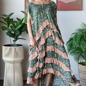 NEW!!! Oli And Hali Floral Green and Pink Tiered Ruffle Dress,Sz Large